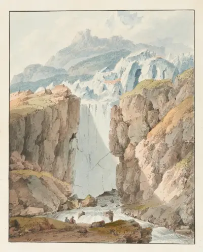 En glaciär tecknad efter naturen i landet gråa ligor av Johann Ludwig Aberli