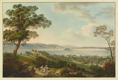 Utsikt över Cerlier och Bielsjön av Johann Ludwig Aberli