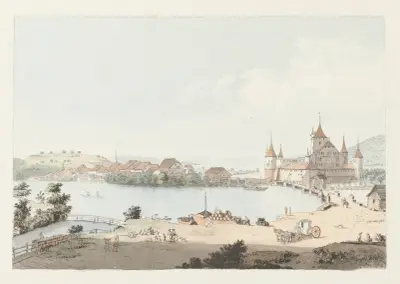 Utsikt över Nidau och Bielsjön av Johann Ludwig Aberli