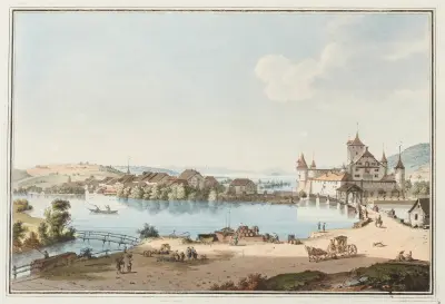 Vy av Nidau och Bielsjön av Johann Ludwig Aberli