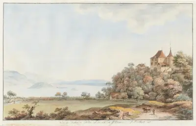 Vy över slottet i Cerlier och Bielsjön av Johann Ludwig Aberli
