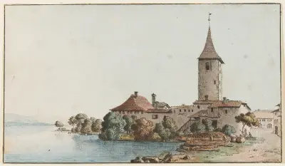 Vy över Ouchys slott nära Lausanne av Johann Ludwig Aberli