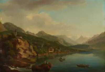 Vue du Village et du Lac de Brientz av Johann Ludwig Aberli