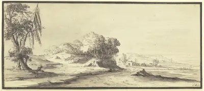 Weite, hügelige Landschaft mit einer Straße av Johann Ludwig Aberli