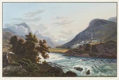 Byn Splügen mot Rheinwaldglaciären av Johann Ludwig Bleuler