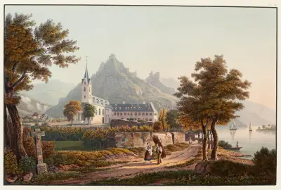 Utsikt mot Bornhofen, ruinerna Liebenstein och Sternberg, eller de två bröderna av Johann Ludwig Bleuler