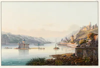 Vue de Caub du Pfalz des ruines de Schoenberg et Gutenfels av Johann Ludwig Bleuler