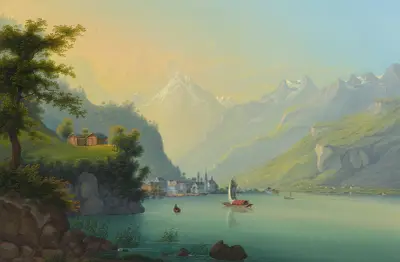 Vy av Fluelen, mot Bristenstock av Johann Ludwig Bleuler