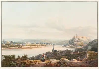 Utsikt över staden Koblenz och fästningen Ehrenbreitstein av Johann Ludwig Bleuler