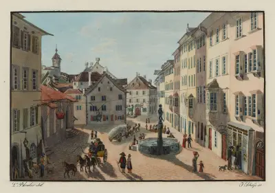 Vy av det inre av staden Schaffhausen tagen nära Krone av Johann Ludwig Bleuler