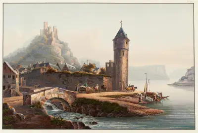Vy av St. Goarshausen och ruinen Katzenellenbogen av Johann Ludwig Bleuler