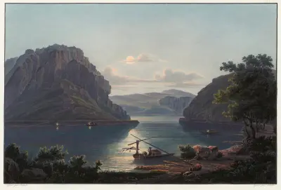 Vue des rochers de Lourley et de la pêche des saumons av Johann Ludwig Bleuler