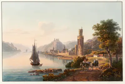 Vy av Oberwesel, ruinerna av Schoenberg, Gutenfels och Ochsenthourm av Johann Ludwig Bleuler