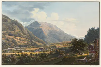 Vy av byn Trons, historisk i ämnet för konfederationen i kantonen Graubünden av Johann Ludwig Bleuler
