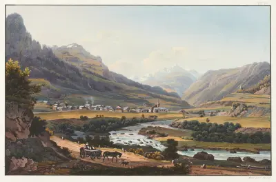 Vy av byn Zillis i Schamsdalen, på vägen från Via Mala, kantonen Graubünden av Johann Ludwig Bleuler