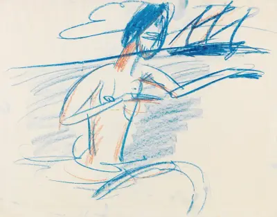 Badender Akt mit Segelboot av Ernst Ludwig Kirchner