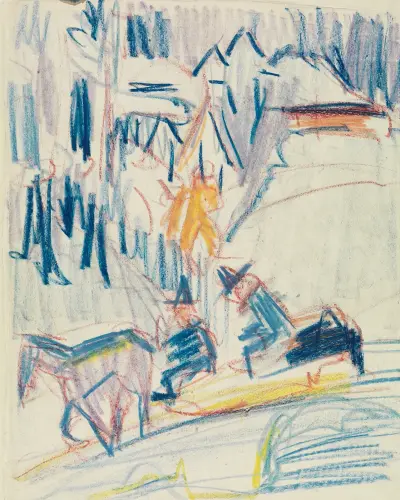 Pferdeschlitten mit zwei Männern im Hochgebirge av Ernst Ludwig Kirchner