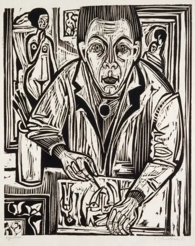 Selbstbildnis, holzschneidend av Ernst Ludwig Kirchner