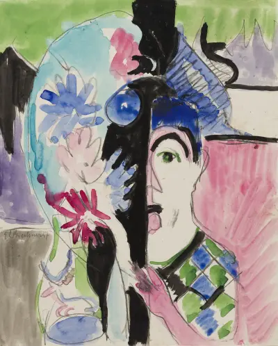 Studie zu ‘Müllerkopf mit Blumen’ av Ernst Ludwig Kirchner