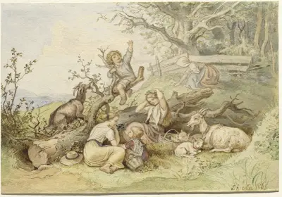 Children And Goats Resting By A Felled Tree av Adrian Ludwig Richter