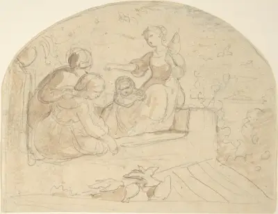 Three Women and a Child on a Roof av Adrian Ludwig Richter