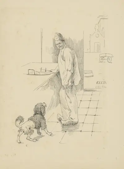 Kok kijkend naar een hond av Hendrik Maarten Krabbé