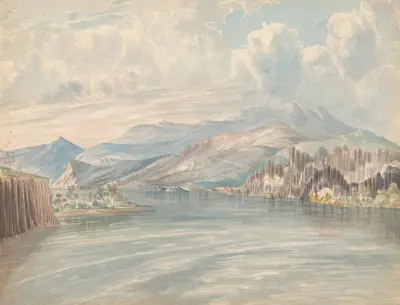 Columbia R. Looking down fr. below the Dalles (Utsikt nedströms Columbiafloden från Dalles) av James Madison Alden