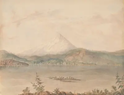 Mt. Hood fr. mouth Dog River – Columbia River above Cascades av James Madison Alden