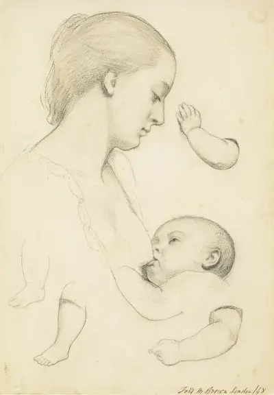 Infant’s Repast – Study of a Mother and Child with separate Arm and Leg Studies of the Child av Ford Madox Brown