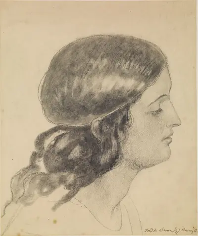 Oure Ladye of Saturday Night – Study of Head of Angel holding Bowl of Water av Ford Madox Brown