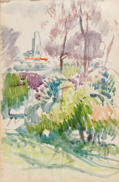 Landskap, buskar, träd och torn, skiss av Magnus Enckell