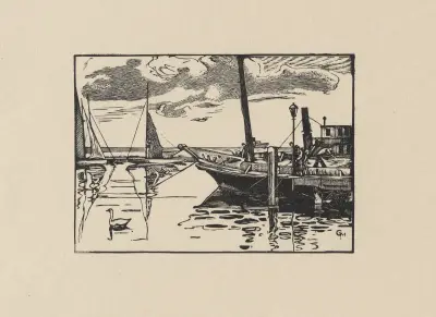 Pråm och segelbåt (svan till vänster) av Marc Gonthier