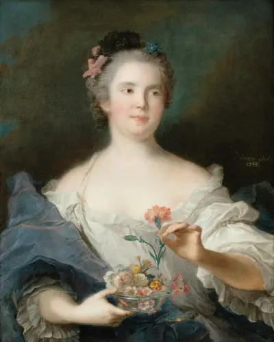 Portrait Of A Lady Holding A Carnation, Said To Be La Duchesse De Châteauroux av Jean-Marc Nattier