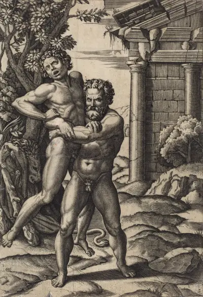 Hercules and Antaeus av Marcantonio Raimondi