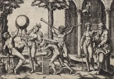 The Man with Two Trumpets, NGA 10133 av Marcantonio Raimondi