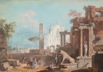 A capriccio with a Gothic church and antique ruins av Marco Ricci