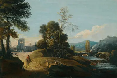 A Fluvial Landscape With Figures On A Path, A Town Beyond av Marco Ricci