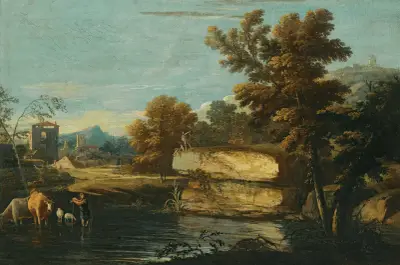 A Lacustrine Landscape With A Herder And His Animals Resting By The Water, A Town Beyond av Marco Ricci