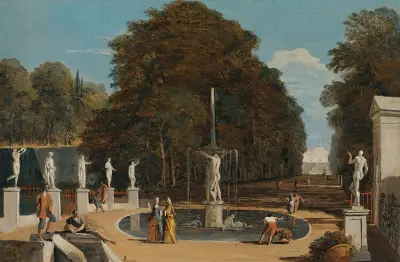 A Landscape With Figures Conversing In A Park Beside A Fountain av Marco Ricci