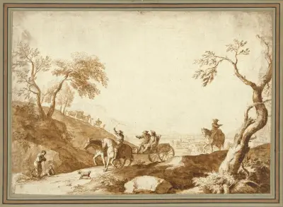 Landscape with Travellers, Two Riding in a Carriage Driven by a Postilion and a Third on Horseback behind av Marco Ricci