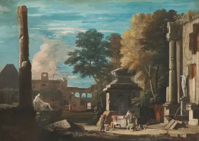 Venetian Capriccio With a Body Being Exhumed and a Franciscan Monk in Attendance, 1700 – nr 1 av Marco Ricci