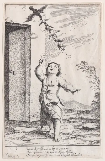 Plate 13; Bertoldino with birds carried off by a kite av Giuseppe Maria Crespi
