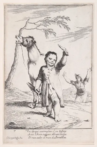 Plate 14; Bertoldino cutting off the ears of a gardener’s donkey av Giuseppe Maria Crespi