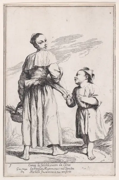 Plate 15; Menghina leaving the garden with a basket filled with herbs and encountering Cacasenno av Giuseppe Maria Crespi