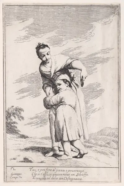 Plansch 16; Menghina som stillar Cacasennos hunger med en kastanjekaka av Giuseppe Maria Crespi