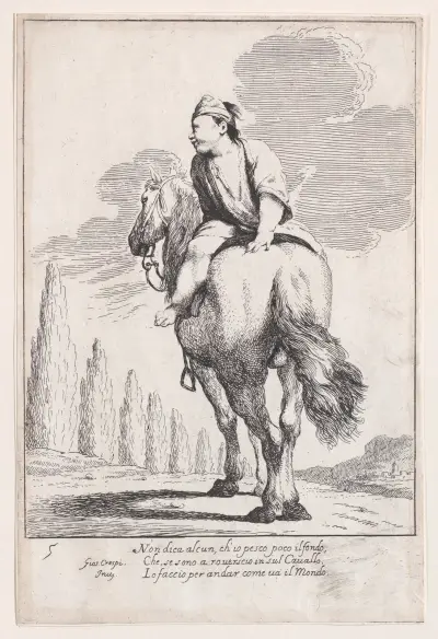 Plate 19; Cacasenno riding a horse backwards av Giuseppe Maria Crespi