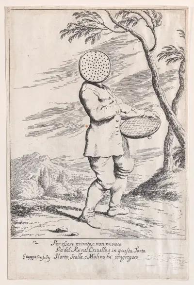 Plate 2; Bertoldo holding a tart in his hand and wearing a sieve on his head av Giuseppe Maria Crespi