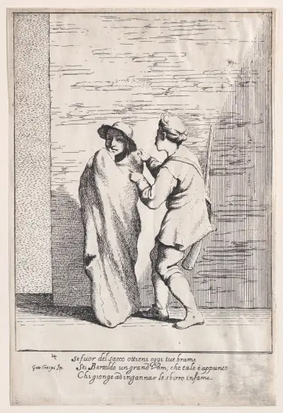 Plate 4; Bertoldo stuffed in a sack av Giuseppe Maria Crespi