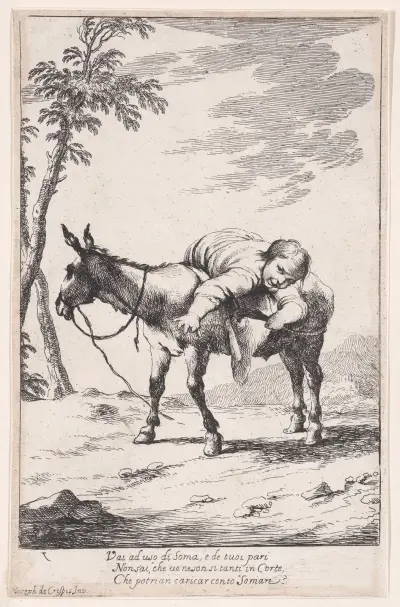 Plate 7; Bertoldino lying on a donkey av Giuseppe Maria Crespi