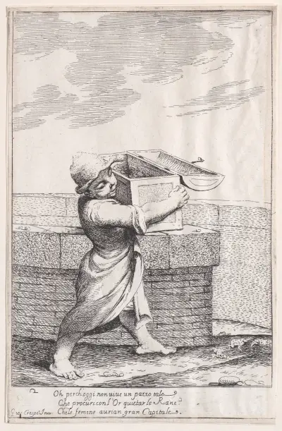 Blad 8; Bertoldino, rasande över grodornas kväkande, kastar sin kassaskrin i fiskdammen av Giuseppe Maria Crespi